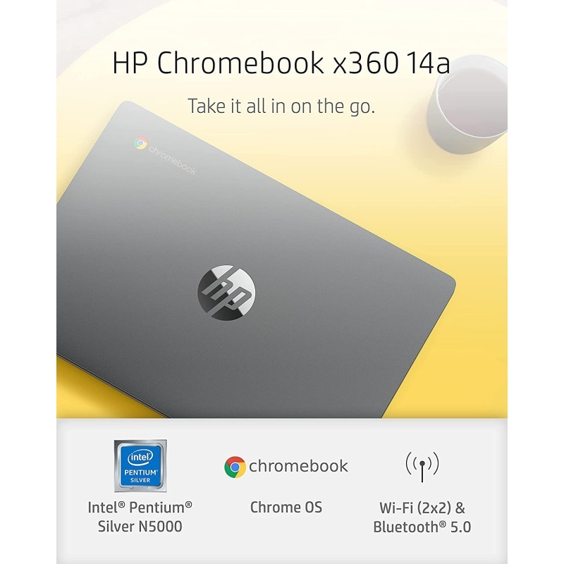 HP Chromebook x360 14a  合1 笔记本电脑,Intel Pentium Silver N5000处理器,4 GB RAM,64 GB eMMC,14 英寸高清显示屏,Chrome OS,带网络摄像头和双麦克风,工
