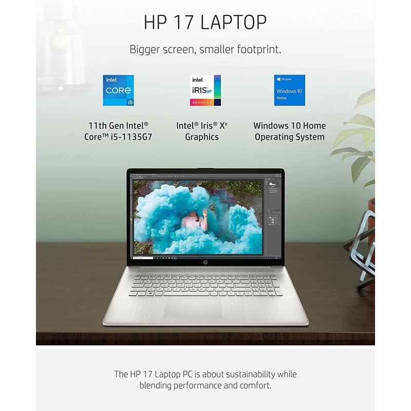 HP惠普 17笔记本电脑、第11代 Intel Core i5-1135G7、8GB RAM、256GB SSD 存储、17.3英寸 HD+ 显示屏、Windows 10 Home、防眩光屏幕、长电池寿命、网络摄像头和双麦克风